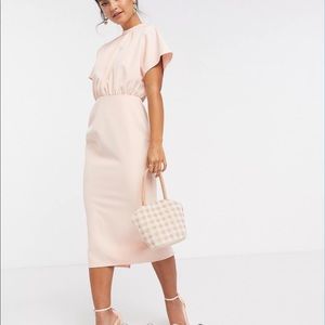 ASOS DESIGN high neck midi dress with fluted sleeve in blush pink